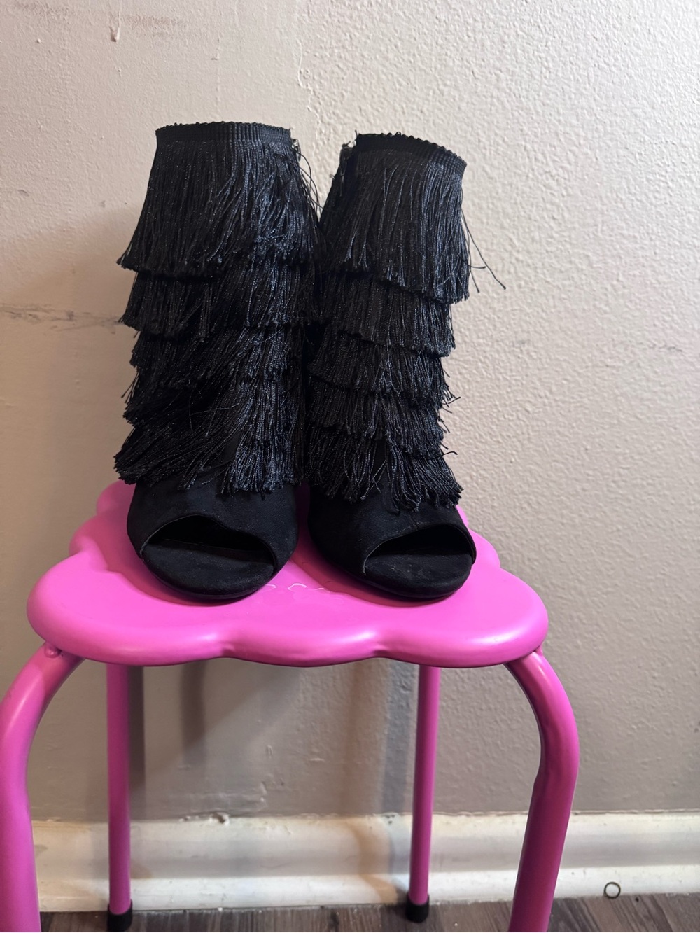 Women’s Black Fringe Peep-Toe Booties